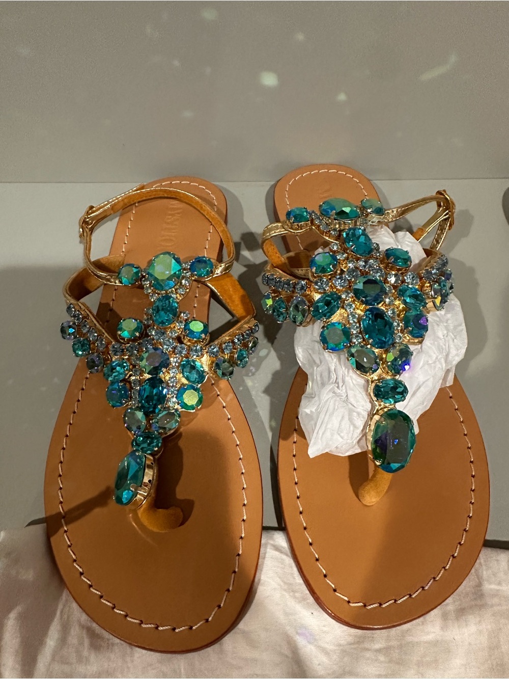 Mystique Boutique Gold Sandals with Teal Gem Embellishments